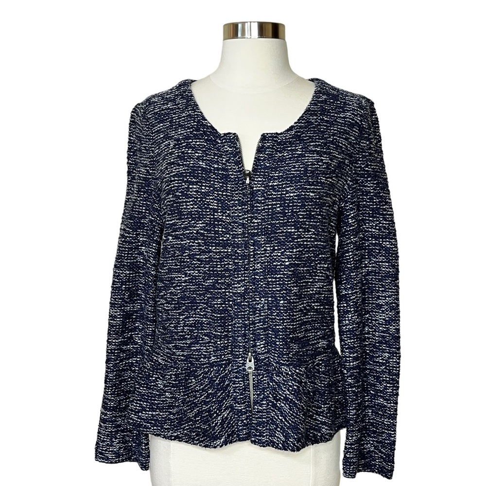 J .Crew Cotton Blend Navy & White Marled Zip Front Knit Jacket.- Size Med